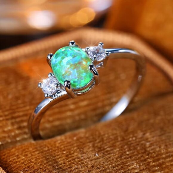 NEW 18k White Gold Green Fire Opal Diamond Ring Band - Picture 3 of 11